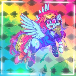 Size: 2048x2048 | Tagged: safe, artist:yumkandie, imported from derpibooru, rainbow dash, pegasus, pony, alternate design, amputee, bandaid, braces, clothes, ear piercing, earring, fishnets, glowstick, hair accessory, heart, heart eyes, hoodie, jewelry, nose piercing, nose ring, piercing, prosthetic leg, prosthetic limb, prosthetics, socks, solo, spiked wristband, wingding eyes, wristband