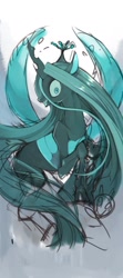 Size: 772x1736 | Tagged: safe, artist:sibashen, imported from derpibooru, queen chrysalis, changeling, changeling queen, crown, fangs, female, jewelry, mare, profile, regalia, simple background, solo, white background