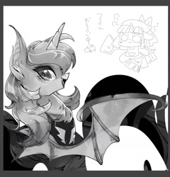 Size: 1370x1426 | Tagged: safe, artist:sibashen, imported from derpibooru, princess luna, alicorn, bat pony, bat pony alicorn, bat ponified, bat wings, female, horn, japanese, looking at you, mare, monochrome, race swap, smiling, wings