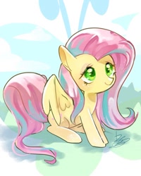 Size: 620x775 | Tagged: safe, artist:sibashen, imported from derpibooru, fluttershy, pegasus, pony, cute, female, mare, shyabetes, simple background, sitting, solo, white background, wings, wrong eye color