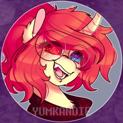Size: 2048x2048 | Tagged: safe, artist:yumkandie, imported from derpibooru, oc, oc only, pony, unicorn, bust, chest fluff, curved horn, fangs, female, glasses, heart, heart eyes, heterochromia, horn, lip piercing, open mouth, piercing, round glasses, solo, watermark, wingding eyes