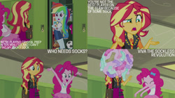 Size: 1280x720 | Tagged: safe, edit, edited screencap, editor:quoterific, imported from derpibooru, screencap, pinkie pie, rainbow dash, sunset shimmer, human, equestria girls, equestria girls series, sock it to me, spoiler:eqg series (season 2), clothes, cute, cutie mark on clothes, diapinkes, eyes closed, female, geode of empathy, geode of sugar bombs, grin, hallway, jewelry, lockers, magical geodes, necklace, open mouth, open smile, smiling, socks, text, trio