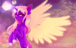 Size: 3206x2026 | Tagged: safe, artist:yumkandie, imported from derpibooru, oc, oc only, alicorn, pony, alicorn oc, bipedal, cheek fluff, chest fluff, curved horn, ear fluff, female, flying, horn, leg fluff, planet, solo, space, wings