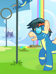 Size: 3072x4096 | Tagged: safe, imported from derpibooru, rainbow dash, oc, oc:turbo swifter, pegasus, pony, wonderbolts academy, canon x oc, clothes, female, goggles, male, mare, pegasus oc, shipping, stallion, straight, turbodash, uniform, wonderbolts uniform