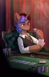 Size: 1200x1876 | Tagged: safe, artist:glumarkoj, imported from derpibooru, oc, oc only, pony, unicorn, chair, clothes, curtains, drink, gambling, glass, male, necktie, playing card, poker, poker chips, poker face, shirt, solo, waistcoat