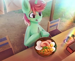 Size: 1617x1304 | Tagged: safe, artist:glumarkoj, imported from derpibooru, oc, oc only, pony, unicorn, bowl, chair, chopsticks, dexterous hooves, egg (food), food, licking, licking lips, male, meat, noodles, ponies eating meat, ramen, table, tongue out