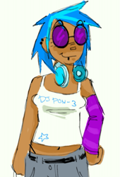 Size: 467x687 | Tagged: safe, artist:hotmomsclub, imported from derpibooru, dj pon-3, vinyl scratch, human, clothes, female, headphones, humanized, midriff, moderate dark skin, name, solo, tanktop