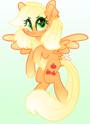 Size: 773x1061 | Tagged: safe, artist:cutiesparke, imported from derpibooru, applejack, pegasus, pony, :3, >:3, alternate hairstyle, blushing, chest fluff, determined, ear fluff, female, flapplejack, freckles, gradient background, gradient mane, green eyes, lightly watermarked, mare, race swap, raised hoof, simple background, solo, spread wings, watermark, wings