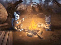 Size: 1280x950 | Tagged: safe, artist:glumarkoj, imported from derpibooru, oc, oc only, cat, pegasus, pony, animated, anomaly, campfire, duo, forest, guitar, male, musical instrument, s.t.a.l.k.e.r.