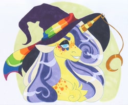 Size: 3640x2984 | Tagged: safe, artist:frozensoulpony, imported from derpibooru, oc, oc:wyken pippen, pony, unicorn, bust, hat, male, portrait, pride flag, solo, stallion, traditional art, witch hat