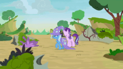 Size: 520x293 | Tagged: safe, imported from derpibooru, screencap, pharynx, starlight glimmer, trixie, changeling, pony, unicorn, season 7, to change a changeling, animated, bag, cape, clothes, eyes closed, female, flying, gif, hat, magic, male, mare, open mouth, open smile, sack, smiling, spread wings, telekinesis, trio, trixie's cape, trixie's hat, wings