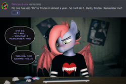Size: 1920x1288 | Tagged: safe, artist:willitfit, imported from derpibooru, oc, oc:tristan sev, anthro, bat pony, 3d, arm warmers, bat wings, bed, bedroom, clothes, desk, emo, emo hair, green eyes, heart, keyboard, mousepad, pink hair, poster, question and answer, shirt, solo, source filmmaker, speech, t-shirt, talking, wings