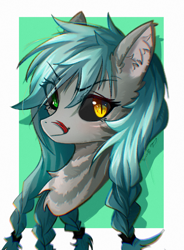 Size: 1406x1910 | Tagged: safe, artist:gale spark, imported from derpibooru, oc, oc only, oc:schlangen v belka, black sclera, bust, chromatic aberration, ear fluff, eye clipping through hair, eyebrows, eyebrows visible through hair, forked tongue, looking at you, pigtails, portrait, solo