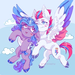Size: 2000x2000 | Tagged: safe, artist:funnyhat12, imported from derpibooru, izzy moonbow, zipp storm, pegasus, pony, unicorn, blushing, carrying, cloud, colored wings, duo, duo female, ear fluff, female, flying, g5, heart, heart eyes, looking at someone, mare, multicolored wings, one eye closed, open mouth, open smile, sky background, smiling, wingding eyes, wings