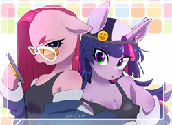 Size: 2748x2000 | Tagged: safe, artist:potetecyu_to, imported from derpibooru, pinkie pie, twilight sparkle, anthro, earth pony, unicorn, arm hooves, backwards ballcap, baseball cap, breasts, cap, cellphone, cleavage, duo, female, floppy ears, hat, hoof hold, looking at you, mare, phone, pinkamena diane pie, smartphone, sunglasses