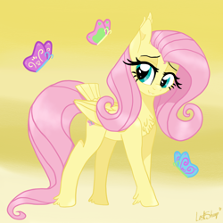Size: 5000x5000 | Tagged: safe, artist:lostsheep, imported from derpibooru, fluttershy, butterfly, pegasus, pony, absurd resolution, aside glance, chest fluff, ear tufts, feathered fetlocks, female, folded wings, gradient background, looking at you, mare, smiling, smiling at you, solo, standing, tail, tail feathers, three quarter view, wings
