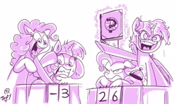 Size: 2885x1692 | Tagged: safe, artist:jowyb, imported from derpibooru, pinkie pie, twilight sparkle, alicorn, earth pony, pony, a trivial pursuit, 2019, bell, book, monochrome, old art, twilight snapple, twilight sparkle (alicorn), twilighting