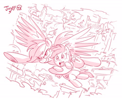 Size: 2255x1856 | Tagged: safe, artist:jowyb, imported from derpibooru, rainbow dash, scootaloo, pegasus, pony, 2020, flying, holding a pony, monochrome, old art, open mouth, scootalove