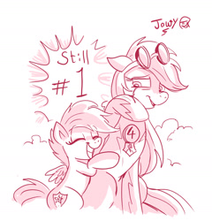 Size: 1787x1862 | Tagged: safe, artist:jowyb, imported from derpibooru, rainbow dash, scootaloo, pegasus, pony, 2020, aviator goggles, clothes, crying, eyes closed, female, filly, floppy ears, foal, goggles, gritted teeth, hug, mare, monochrome, old art, signature, smiling, spread wings, teeth, uniform, wings, wonderbolts uniform