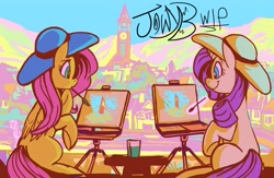 Size: 4096x2669 | Tagged: safe, artist:jowyb, imported from derpibooru, fluttershy, rarity, pegasus, pony, unicorn, 2021, easel, female, hat, mare, old art, painting, sun hat