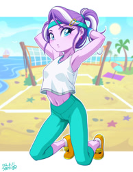 Size: 1000x1287 | Tagged: safe, artist:uotapo, imported from derpibooru, diamond tiara, human, equestria girls, alternate hairstyle, armpits, beach, belly button, clothes, cute, diamondbetes, gameloft, headband, midriff, ocean, palm tree, pants, ponytail, sand, shoes, sleeveless, sneakers, socks, solo, sports, sports outfit, summer, sweatpants, tanktop, tree, volleyball net, water