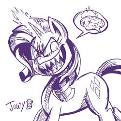 Size: 4092x4096 | Tagged: safe, artist:jowyb, imported from derpibooru, rarity, pony, unicorn, 2021, evil grin, evil rarity, female, g5, glowing, glowing horn, grin, horn, mare, monochrome, my little pony: a new generation, old art, possessed, smiling, solo, sproutity