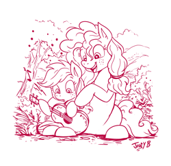 Size: 2170x2098 | Tagged: safe, artist:jowyb, imported from derpibooru, applejack, pear butter, earth pony, pony, 2022, :o, acoustic guitar, female, filly, filly applejack, freckles, guitar, hoof hold, mare, monochrome, mother and child, mother and daughter, musical instrument, open mouth, signature, sitting, smiling, tree, younger