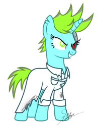 Size: 6000x7676 | Tagged: safe, artist:kaitykat117, imported from derpibooru, oc, oc only, oc:mythic vision(kaitykat), pony, unicorn, absurd resolution, alternate timeline, blind, clothes, disabled, evil grin, female, grin, horn, lab coat, mad scientist, mare, prosthetic eye, prosthetics, scientist, short hair, short mane, short tail, simple background, smiling, solo, tail, torn ear, transparent background, tyranny!au(kaity), unicorn oc