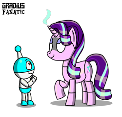 Size: 972x926 | Tagged: safe, artist:gradiusfanatic, imported from derpibooru, starlight glimmer, oc, oc:bx-8, pony, robot, robot pony, unicorn, duo, female, glimmerbot, male, roboticization, simple background, transparent background