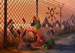 Size: 2425x1727 | Tagged: safe, artist:28gooddays, imported from derpibooru, oc, oc only, earth pony, pony, bag, barbed wire, braid, braided tail, chain link fence, commission, context needed, fence, gas mask, high res, mask, ribbon, solo, tail