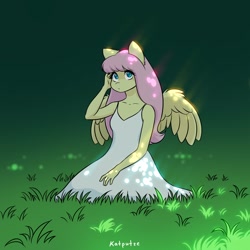 Size: 2048x2048 | Tagged: safe, artist:katputze, imported from derpibooru, fluttershy, anthro, pegasus, bangs, clothes, cute, dress, female, mare, no pupils, shyabetes, signature, sitting, solo, sundress