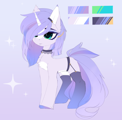 Size: 3970x3887 | Tagged: safe, artist:magnaluna, imported from derpibooru, oc, oc only, oc:opal dreamstone, pony, unicorn, adoptable, chest fluff, clothes, coat markings, color palette, ear fluff, female, full body, garter belt, high res, hooves, horn, jewelry, makeup, mare, reference sheet, socks, solo, standing, stockings, tail, thigh highs, unicorn oc