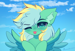 Size: 1580x1080 | Tagged: safe, artist:airiniblock, imported from derpibooru, oc, oc only, oc:typh, oc:typhoon, pegasus, pony, ;p, one eye closed, pegasus oc, rcf community, sky, sky background, solo, tongue out, wings