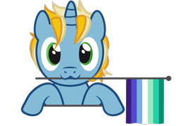 Size: 762x545 | Tagged: safe, artist:hazel bloons, imported from derpibooru, oc, oc only, oc:sunny dawn, pony, unicorn, 1000 hours in ms paint, blue coat, bust, commission, cute, flag, gay pride flag, green eyes, holding, holding a flag, looking at you, male, mouth hold, pride, pride flag, pride month, simple background, smiling, solo, transparent background, ych result, yellow hair