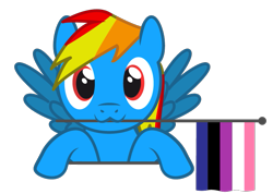 Size: 763x544 | Tagged: safe, artist:hazel bloons, imported from derpibooru, oc, oc only, oc:sunamena, pegasus, pony, 1000 hours in ms paint, blue coat, bust, commission, cute, female, flag, genderfluid pride flag, holding, holding a flag, looking at you, mouth hold, multicolored hair, pride, pride flag, pride month, red eyes, simple background, smiling, solo, transparent background, wings, ych result