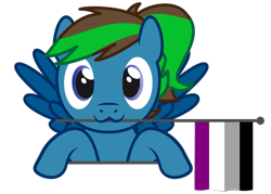 Size: 763x545 | Tagged: safe, artist:hazel bloons, imported from derpibooru, oc, oc only, pegasus, pony, asexual pride flag, blue coat, blue eyes, bust, commission, cute, female, flag, holding, holding a flag, looking at you, mouth hold, multicolored hair, pride, pride flag, pride month, simple background, smiling, solo, transparent background, wings, ych result