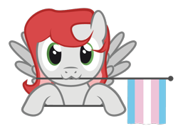 Size: 762x544 | Tagged: safe, artist:hazel bloons, imported from derpibooru, oc, oc only, oc:benevolence, pegasus, pony, bust, commission, cute, female, flag, green eyes, holding, holding a flag, looking at you, mouth hold, pride, pride flag, pride month, red hair, simple background, smiling, solo, transgender pride flag, transparent background, white coat, ych result