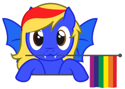 Size: 762x544 | Tagged: safe, artist:hazel bloons, imported from derpibooru, oc, oc only, bat pony, pony, blue coat, brown eyes, bust, commission, cute, fangs, flag, holding, holding a flag, looking at you, male, mouth hold, multicolored hair, pride flag, pride month, rainbow flag, simple background, smiling, solo, transparent background, wings, ych result, yellow hair