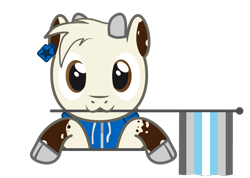 Size: 762x544 | Tagged: safe, artist:hazel bloons, imported from derpibooru, oc, oc only, oc:hazel bloons, goat, brown eyes, bust, clothes, commission, cute, demiboy pride flag, ear tag, flag, holding, holding a flag, hoodie, hooves, horns, looking at you, male, mouth hold, pride, pride flag, pride month, simple background, smiling, solo, transparent background, white fur, ych result