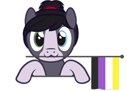 Size: 762x545 | Tagged: safe, artist:hazel bloons, imported from derpibooru, oc, oc only, oc:eden, earth pony, pony, black hair, blue eyes, bust, commission, cute, flag, gray coat, green eyes, heterochromia, holding, holding a flag, looking at you, mouth hold, nonbinary pride flag, ponytail, pride, pride flag, pride month, simple background, smiling, solo, transparent background, ych result