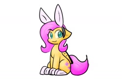 Size: 1517x999 | Tagged: safe, artist:zutcha, imported from derpibooru, fluttershy, pegasus, pony, :3, animal costume, bunny costume, bunny ears, clothes, costume, female, looking at you, mare, simple background, sitting, smiling, smiling at you, socks, solo, white background