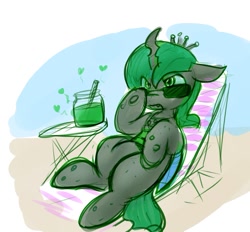 Size: 1095x1015 | Tagged: safe, artist:zutcha, imported from derpibooru, changeling, annoyed, beach, beach chair, chair, drink, female, green changeling, lying down, on back, solo, sunglasses