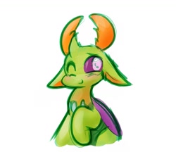 Size: 1113x960 | Tagged: safe, artist:zutcha, imported from derpibooru, thorax, changedling, changeling, blushing, king thorax, looking at you, male, one eye closed, raised hoof, simple background, sitting, smiling, smiling at you, solo, white background, wink, winking at you