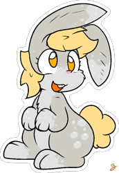 Size: 547x795 | Tagged: safe, artist:zutcha, imported from derpibooru, derpy hooves, rabbit, animal, bunnified, female, floppy ears, no pupils, open mouth, open smile, simple background, sitting, smiling, solo, species swap, transparent background, white background