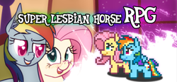 Size: 453x210 | Tagged: safe, artist:ponett, imported from derpibooru, fluttershy, rainbow dash, pegasus, pony, super lesbian horse rpg, female, flutterdash, game, heart, heart eyes, lesbian, mare, multicolored hair, rainbow hair, rpg, shipping, smiling, text, wingding eyes