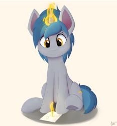 Size: 2790x3000 | Tagged: safe, artist:arcane-thunder, imported from derpibooru, oc, oc only, oc:arcane thunder, pony, unicorn, drawing, glowing, glowing horn, horn, magic, male, paper, pencil, simple background, sitting, smiling, solo, stallion, telekinesis, unicorn oc, white background