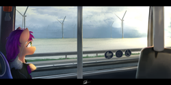 Size: 5120x2560 | Tagged: safe, artist:potato22, imported from derpibooru, sunny starscout, earth pony, pony, bus, clothes, coat, earbuds, female, g5, high res, looking out the window, mare, scenery, sitting, solo, water, wind farm, wind turbine