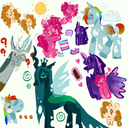 Size: 540x540 | Tagged: safe, artist:hotmomsclub, imported from derpibooru, discord, pear butter, pinkie pie, queen chrysalis, rainbow dash, twilight sparkle, alicorn, changeling, changeling queen, draconequus, earth pony, pegasus, pony, ..., arrow, book, female, heart, pride flag, pride month, question mark, simple background, sun, swirls, twilight sparkle (alicorn), white background