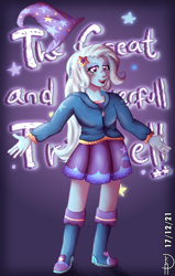 Size: 1908x3000 | Tagged: safe, artist:loohisgod27, imported from derpibooru, trixie, human, equestria girls, rainbow rocks, blushing, boots, breasts, busty trixie, clothes, eyebrows, fanart, female, great and powerful, hairpin, hand, hat, high res, hoodie, looking at you, open mouth, open smile, shoes, skirt, smiling, solo, trixie's hat