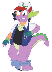 Size: 750x1050 | Tagged: safe, artist:detectivecoon, imported from derpibooru, spike, dragon, human, ash ketchum, character to character, clothes, gritted teeth, human to dragon, male, mid-transformation, pokémon, simple background, solo, teeth, transformation, transparent background